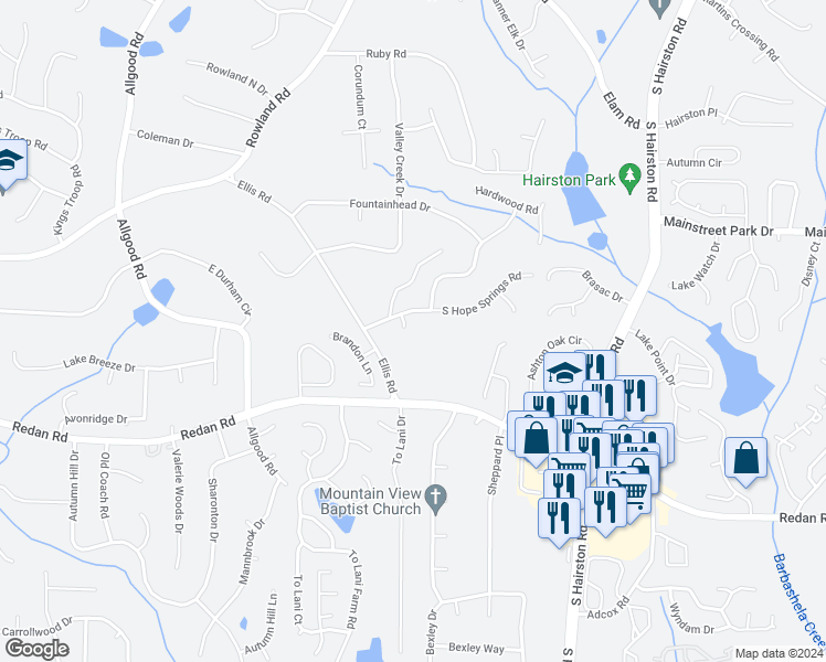 map of restaurants, bars, coffee shops, grocery stores, and more near 1008 Hope Springs Court in Stone Mountain