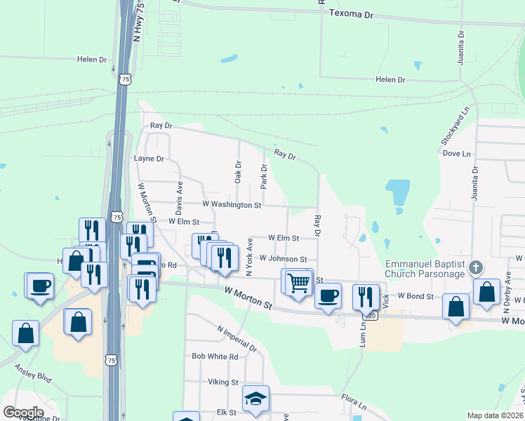 map of restaurants, bars, coffee shops, grocery stores, and more near 2617 West Washington Street in Denison