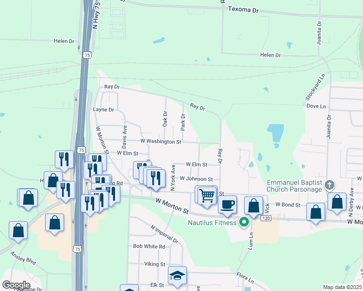 map of restaurants, bars, coffee shops, grocery stores, and more near 2617 West Washington Street in Denison