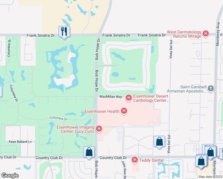 map of restaurants, bars, coffee shops, grocery stores, and more near 253 Kavenish Drive in Rancho Mirage