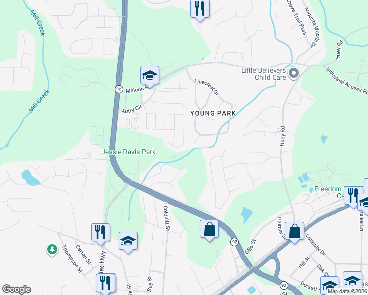 map of restaurants, bars, coffee shops, grocery stores, and more near 6572 Snowbird Lane in Douglasville