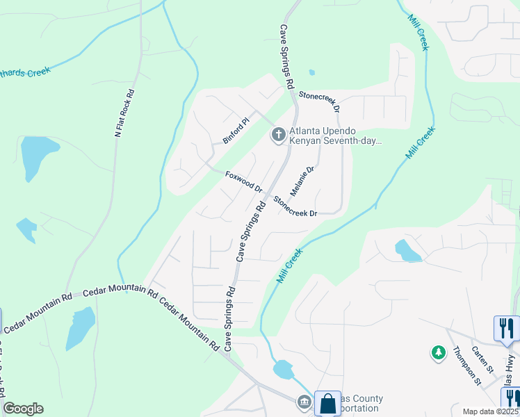 map of restaurants, bars, coffee shops, grocery stores, and more near Cave Springs Road in Douglasville