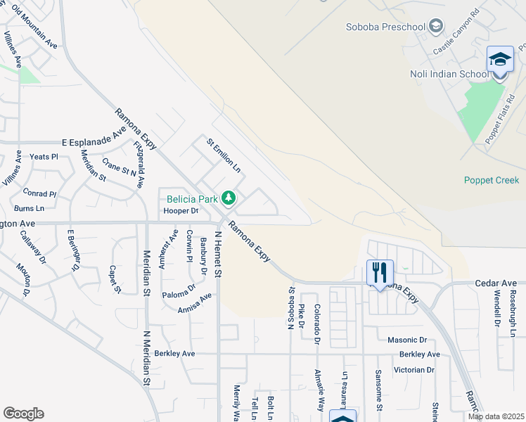 map of restaurants, bars, coffee shops, grocery stores, and more near 1867 Montara Way in San Jacinto