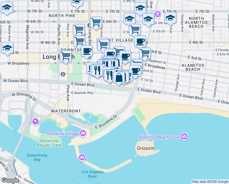 map of restaurants, bars, coffee shops, grocery stores, and more near 525 East Seaside Way in Long Beach