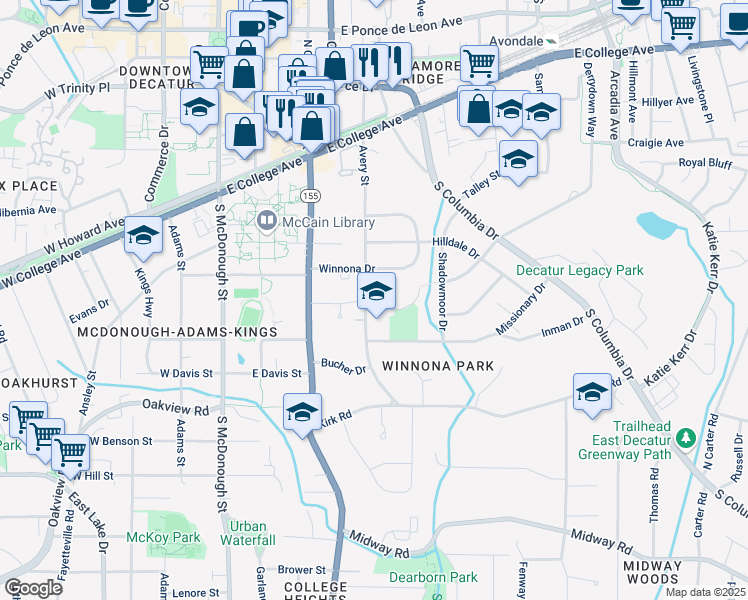 map of restaurants, bars, coffee shops, grocery stores, and more near 436 Avery Street in Decatur