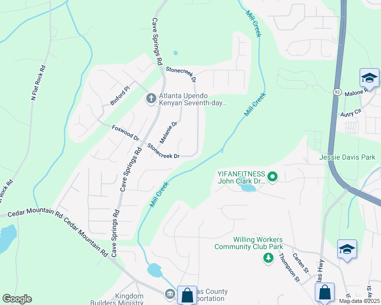 map of restaurants, bars, coffee shops, grocery stores, and more near 7096 Stonecreek Drive in Douglasville