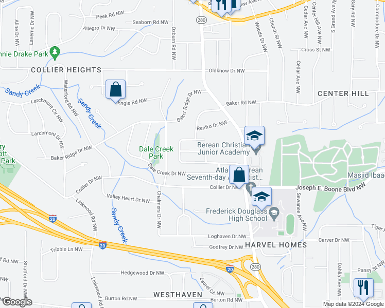 map of restaurants, bars, coffee shops, grocery stores, and more near 2642 Santa Monica Drive Northwest in Atlanta