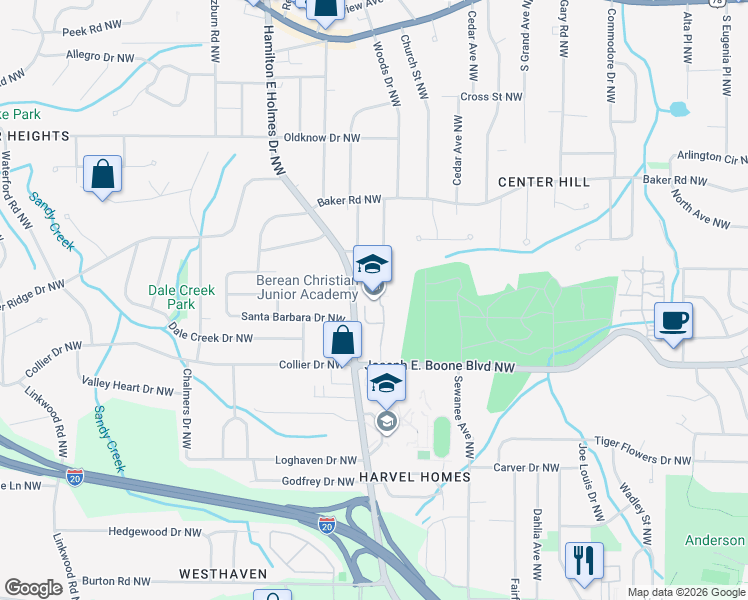 map of restaurants, bars, coffee shops, grocery stores, and more near 401 Hamilton E Holmes Drive Northwest in Atlanta