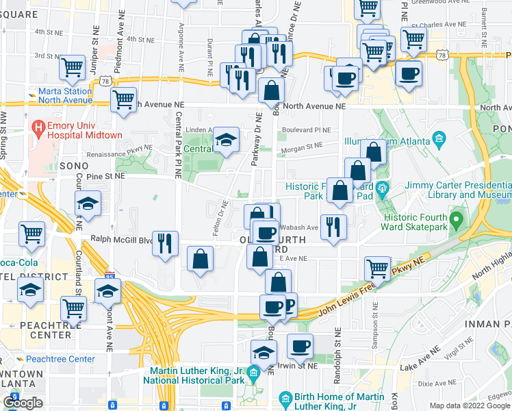 map of restaurants, bars, coffee shops, grocery stores, and more near 423 Parkway Drive Northeast in Atlanta