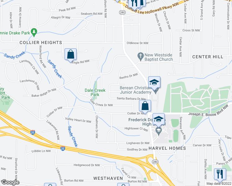 map of restaurants, bars, coffee shops, grocery stores, and more near 2648 Santa Monica Drive Northwest in Atlanta