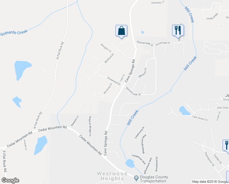 map of restaurants, bars, coffee shops, grocery stores, and more near 1541 Edgemoor Lane in Douglasville