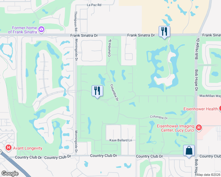 map of restaurants, bars, coffee shops, grocery stores, and more near 97 Columbia Drive in Rancho Mirage