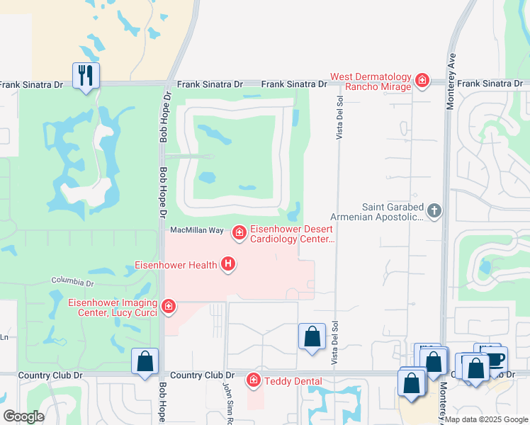 map of restaurants, bars, coffee shops, grocery stores, and more near 205 Kavenish Drive in Rancho Mirage