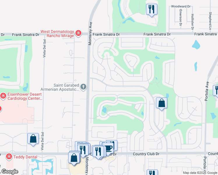 map of restaurants, bars, coffee shops, grocery stores, and more near 73160 Palm Greens Parkway in Palm Desert