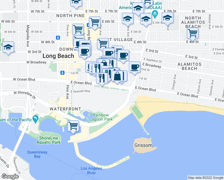 map of restaurants, bars, coffee shops, grocery stores, and more near 555 East Ocean Boulevard in Long Beach