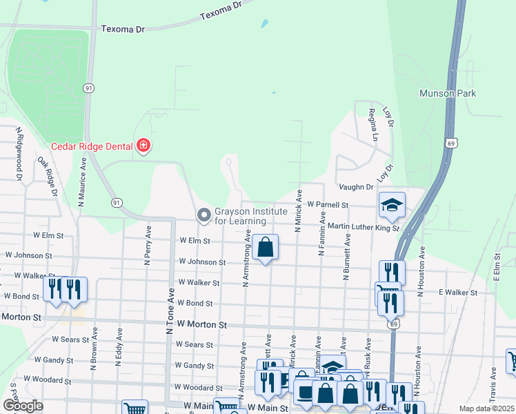 map of restaurants, bars, coffee shops, grocery stores, and more near 717 West Parnell Street in Denison