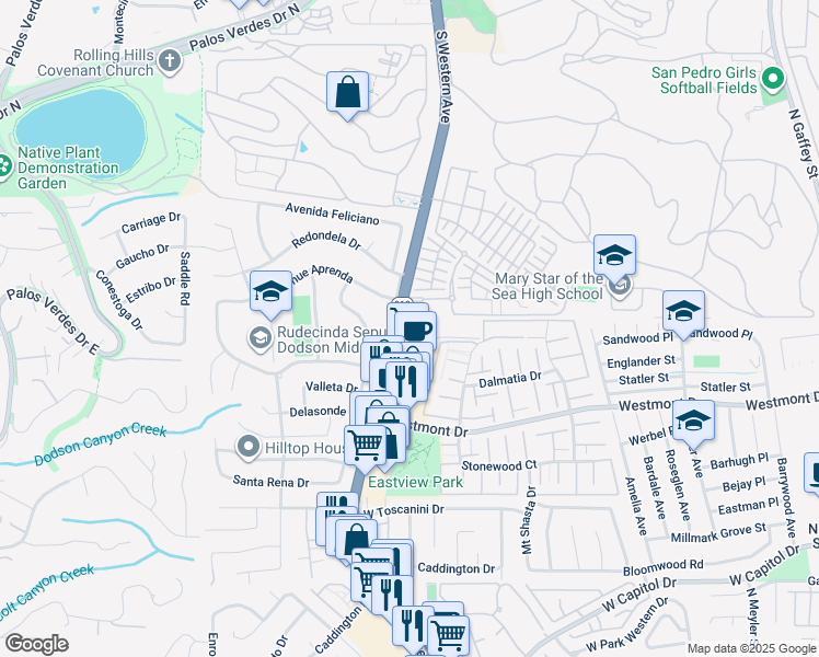 map of restaurants, bars, coffee shops, grocery stores, and more near 27980 South Western Avenue in Los Angeles