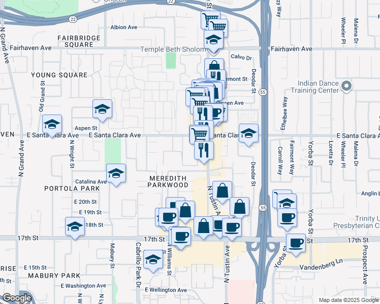 map of restaurants, bars, coffee shops, grocery stores, and more near 2034 East Santa Clara Avenue in Santa Ana