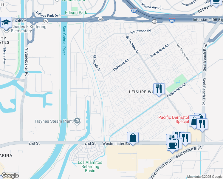 map of restaurants, bars, coffee shops, grocery stores, and more near 1241 Knollwood Road in Seal Beach