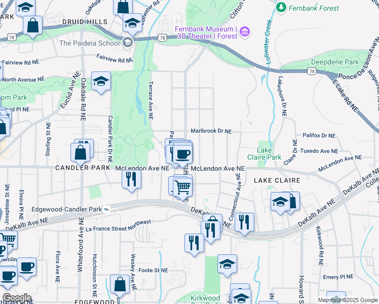 map of restaurants, bars, coffee shops, grocery stores, and more near 431 Clifton Road Northeast in Atlanta