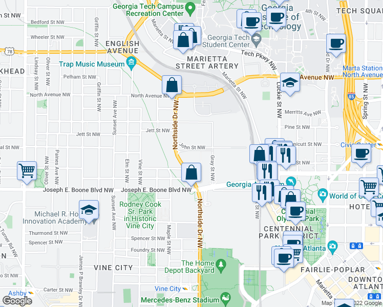 map of restaurants, bars, coffee shops, grocery stores, and more near St Johns Avenue Southwest in Atlanta