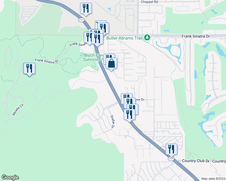 map of restaurants, bars, coffee shops, grocery stores, and more near 69850 Hwy 111 in Rancho Mirage
