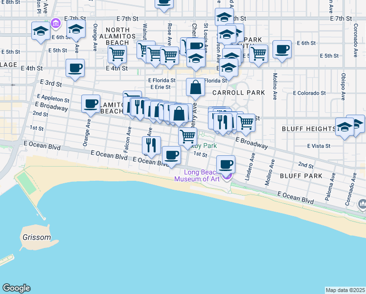 map of restaurants, bars, coffee shops, grocery stores, and more near 1905 East 1st Street in Long Beach