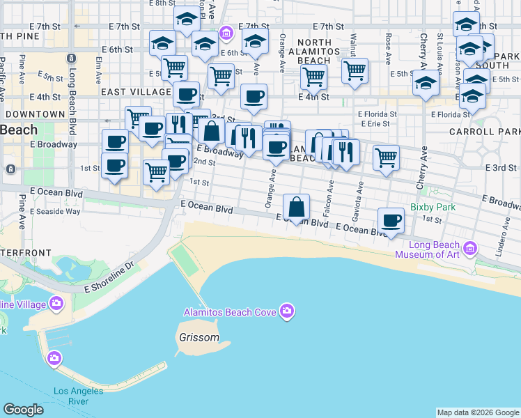map of restaurants, bars, coffee shops, grocery stores, and more near 1175 East Ocean Boulevard in Long Beach