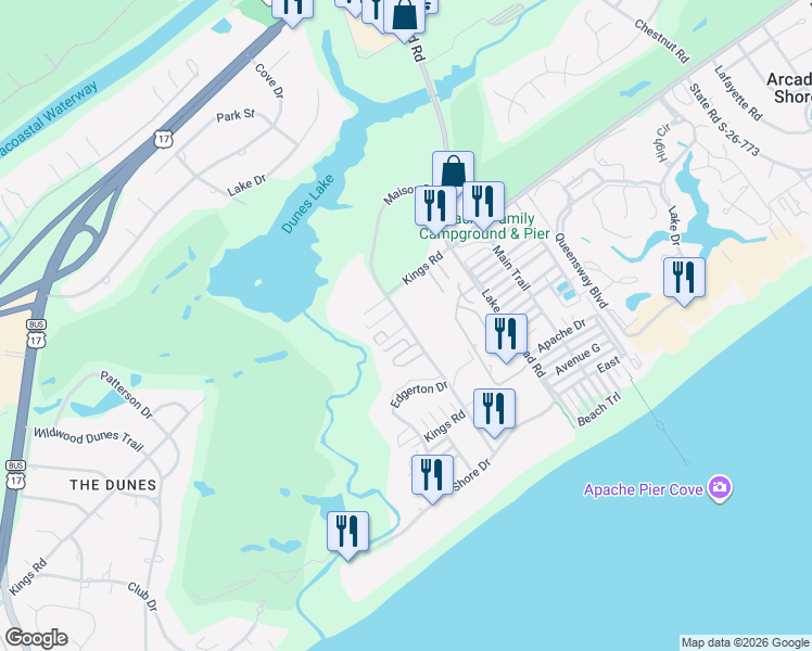 map of restaurants, bars, coffee shops, grocery stores, and more near Maison Drive in Myrtle Beach
