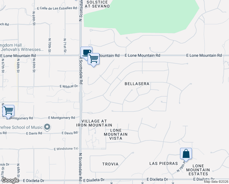 map of restaurants, bars, coffee shops, grocery stores, and more near 7405 East Pasaro Drive in Scottsdale