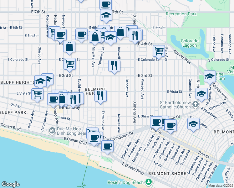 map of restaurants, bars, coffee shops, grocery stores, and more near 254 Belmont Avenue in Long Beach