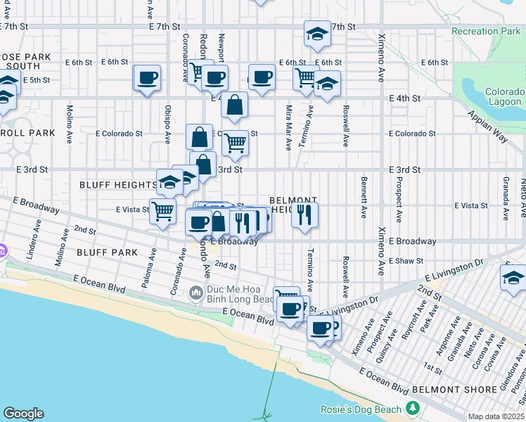 map of restaurants, bars, coffee shops, grocery stores, and more near 252 Euclid Avenue in Long Beach