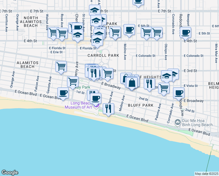 map of restaurants, bars, coffee shops, grocery stores, and more near in Long Beach