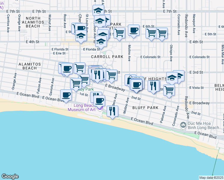 map of restaurants, bars, coffee shops, grocery stores, and more near in Long Beach