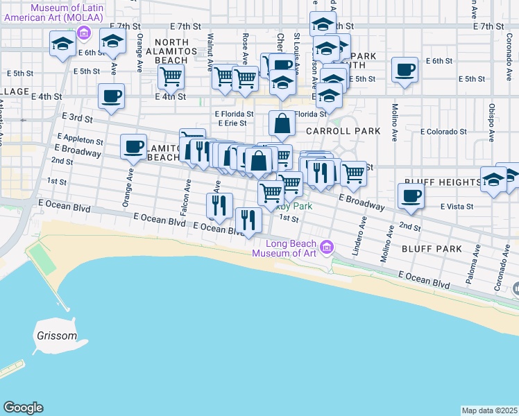 map of restaurants, bars, coffee shops, grocery stores, and more near 1918 2nd Street in Long Beach