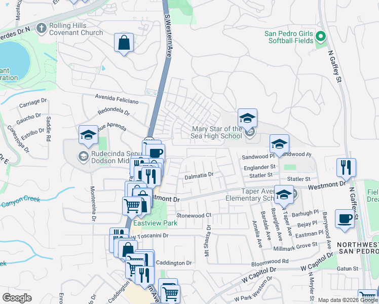 map of restaurants, bars, coffee shops, grocery stores, and more near 2260 Stonewood Court in Los Angeles