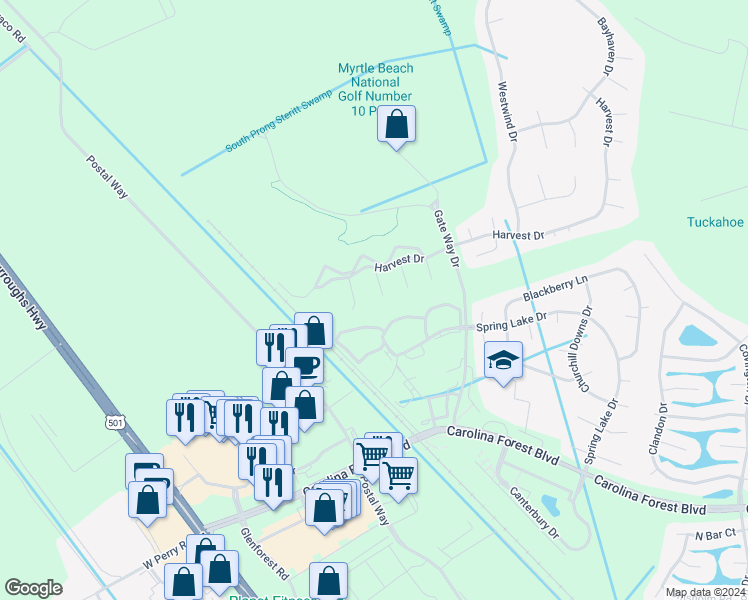 map of restaurants, bars, coffee shops, grocery stores, and more near 4925 Oak Pond Court in Conway
