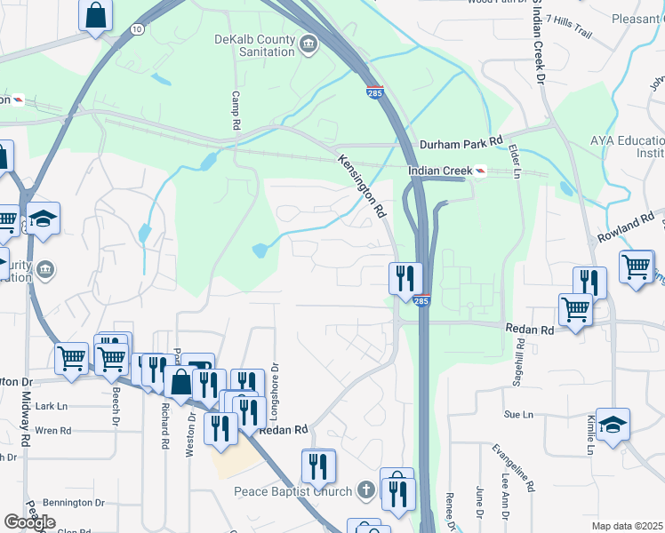 map of restaurants, bars, coffee shops, grocery stores, and more near 2715 Kenridge Parkway in Decatur