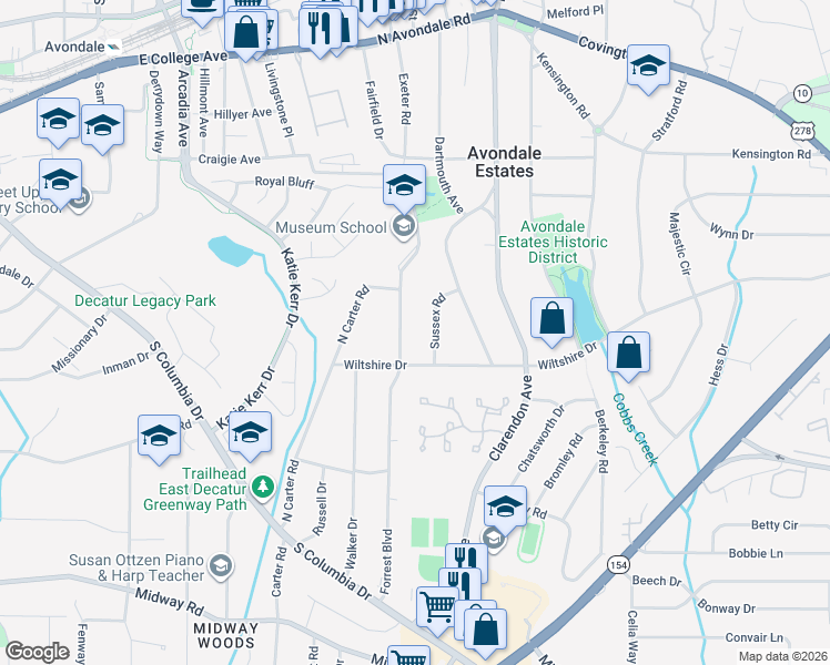 map of restaurants, bars, coffee shops, grocery stores, and more near 1008 Forrest Boulevard in Decatur