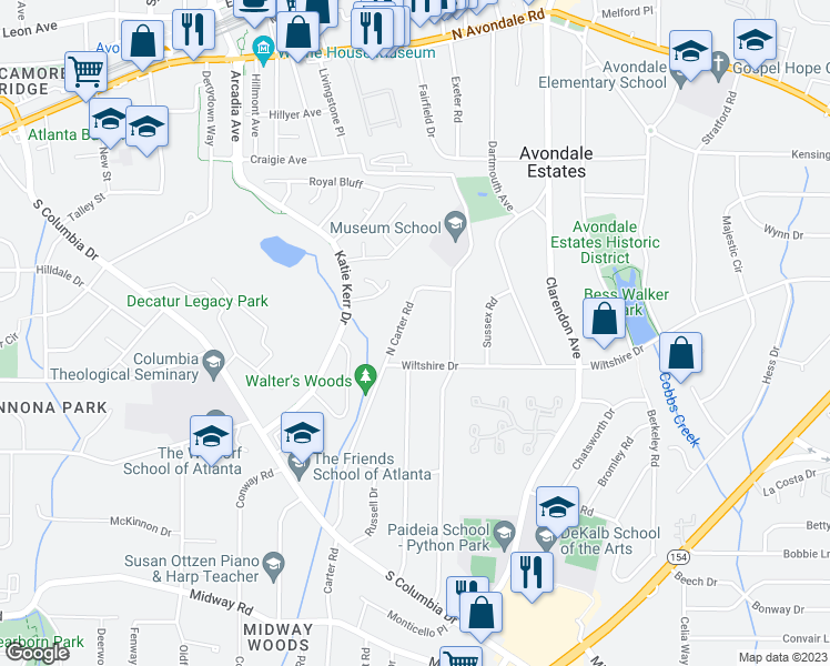 map of restaurants, bars, coffee shops, grocery stores, and more near 992 North Carter Road in Decatur