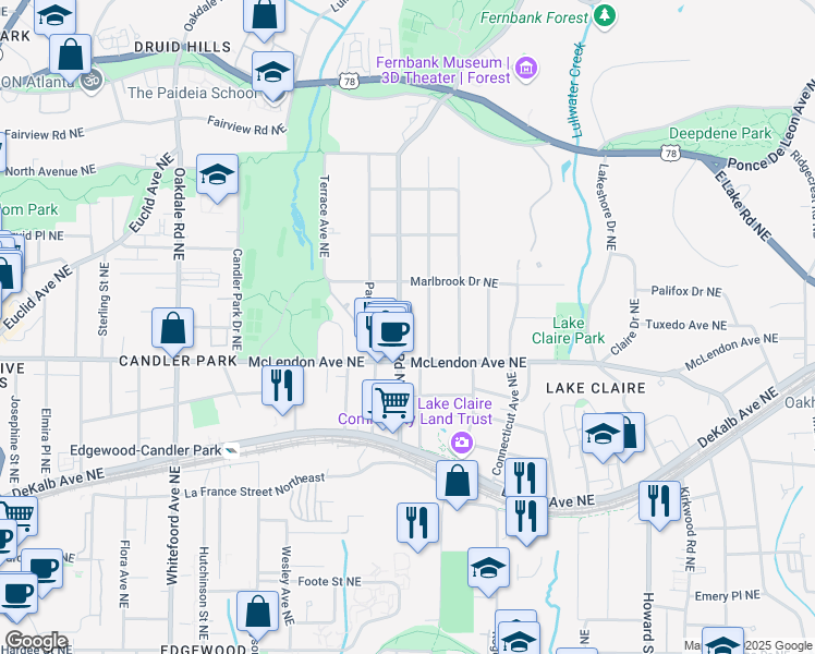 map of restaurants, bars, coffee shops, grocery stores, and more near 452 Clifton Road Northeast in Atlanta
