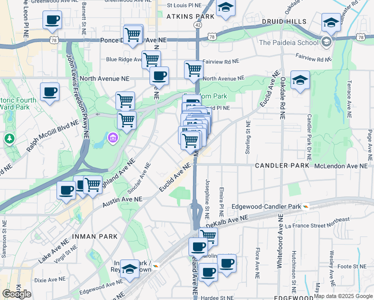 map of restaurants, bars, coffee shops, grocery stores, and more near 448 Moreland Avenue Northeast in Atlanta