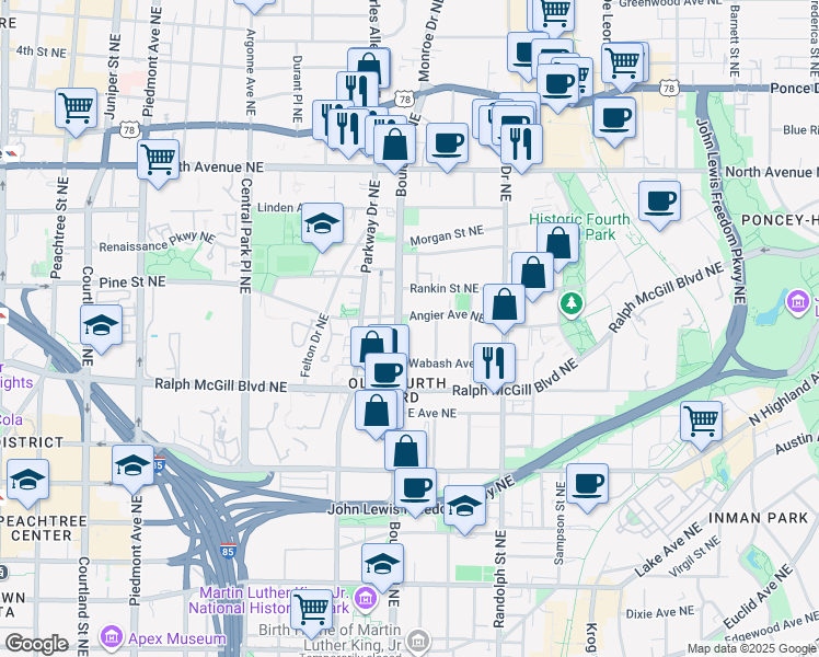map of restaurants, bars, coffee shops, grocery stores, and more near in Atlanta