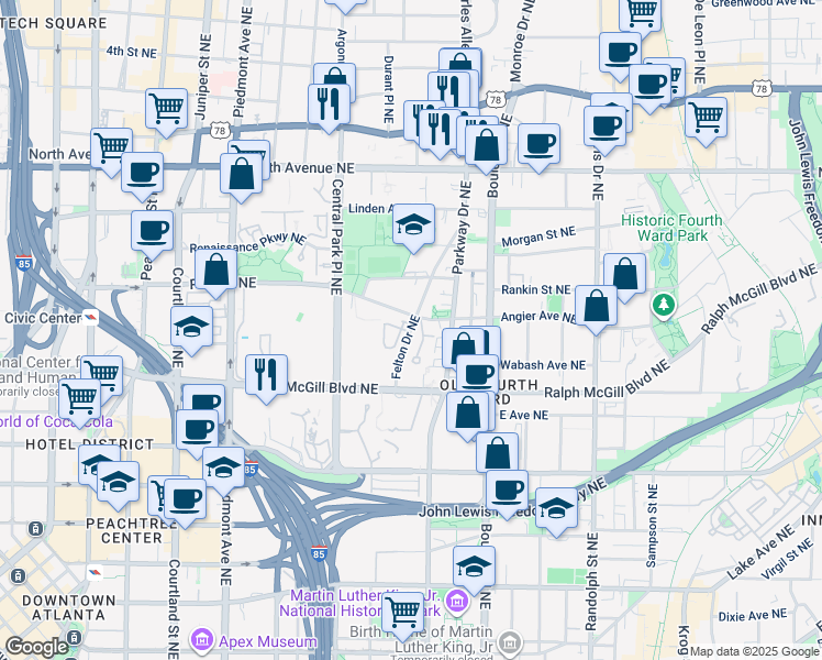 map of restaurants, bars, coffee shops, grocery stores, and more near 378 Angier Avenue Northeast in Atlanta