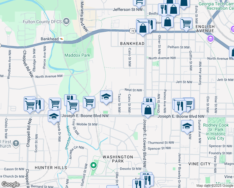 map of restaurants, bars, coffee shops, grocery stores, and more near 428 Tazor Street Northwest in Atlanta