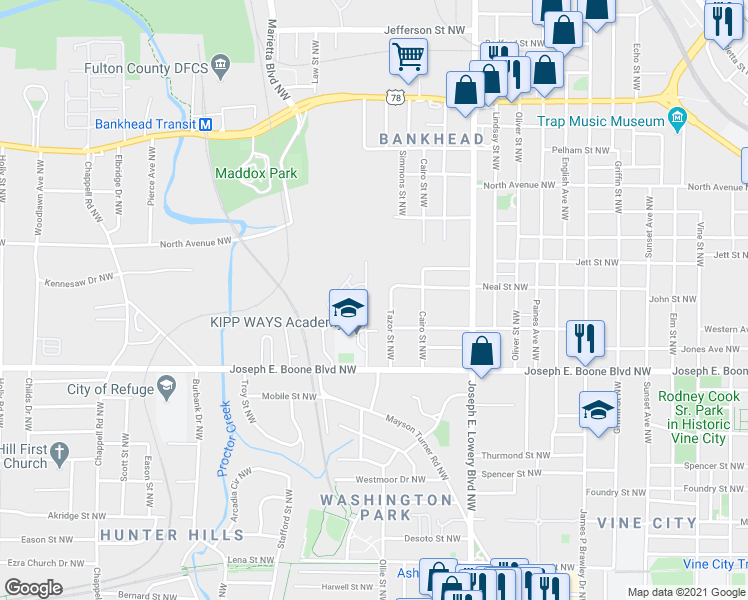 map of restaurants, bars, coffee shops, grocery stores, and more near 428 Tazor Street Northwest in Atlanta