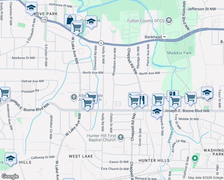 map of restaurants, bars, coffee shops, grocery stores, and more near 416 Woodlawn Avenue Northwest in Atlanta