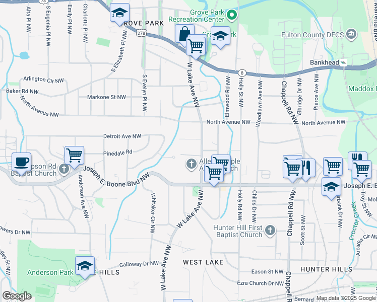 map of restaurants, bars, coffee shops, grocery stores, and more near 1676 Nekoma Street Northwest in Atlanta