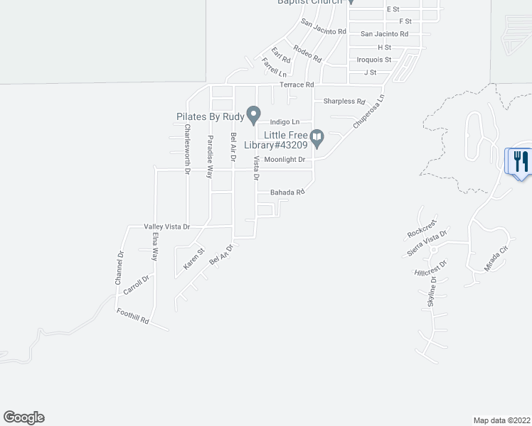 map of restaurants, bars, coffee shops, grocery stores, and more near 68307 Hilltop Lane in Cathedral City
