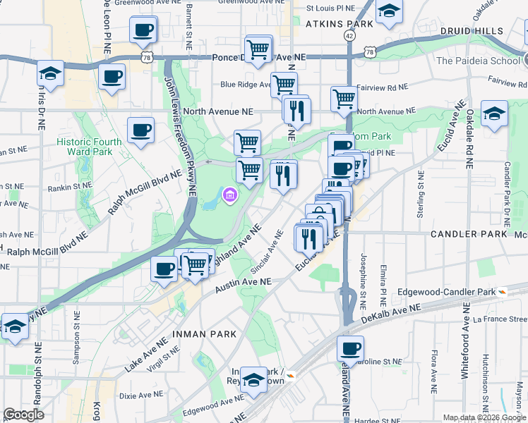 map of restaurants, bars, coffee shops, grocery stores, and more near 436 North Highland Avenue Northeast in Atlanta